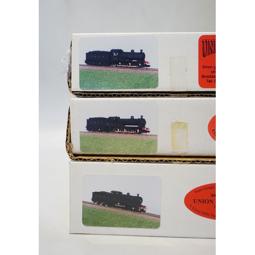 258 - Three boxed Union Mills Models N gauge railway LNER locomotives; a Class Q2, 3359, a Class J26, 5734... 