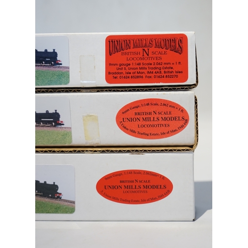 258 - Three boxed Union Mills Models N gauge railway LNER locomotives; a Class Q2, 3359, a Class J26, 5734... 