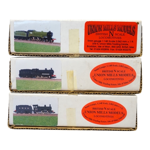 259 - Three boxed Union Mills Models N gauge railway LNER locomotives; a Class B12, 1565, a Class Q2, 3359... 