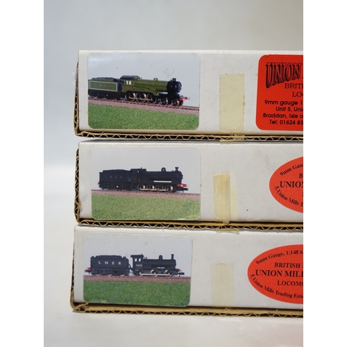 259 - Three boxed Union Mills Models N gauge railway LNER locomotives; a Class B12, 1565, a Class Q2, 3359... 