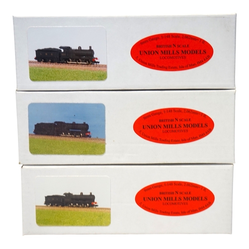 264 - Three boxed Union Mills N gauge railway LMS tender locomotives; a Class G2, 9032, a Class 3F, 3777, ... 