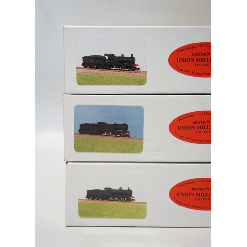 264 - Three boxed Union Mills N gauge railway LMS tender locomotives; a Class G2, 9032, a Class 3F, 3777, ... 