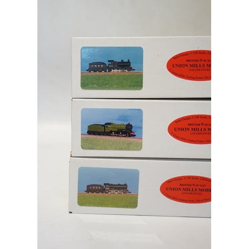 265 - Three boxed Union Mills Models N gauge railway LNER locomotives; a Class J11, 4354, a Class J39, 294... 