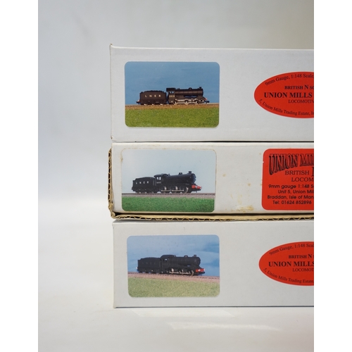 266 - Three boxed Union Mills Models N gauge railway LNER locomotives; a Class J38, 5919, a Class J39, 180... 