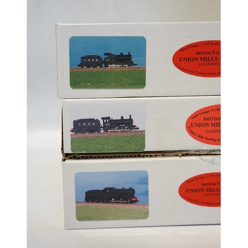 267 - Three boxed Union Mills Models N gauge railway LNER locomotives; a Class J39, 4857, a Class J11, 531... 