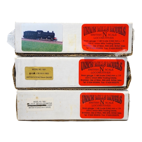 268 - Three boxed Union Mills Models N gauge railway LNER locomotives; a Class J26, 5734, a Class J39, 309... 