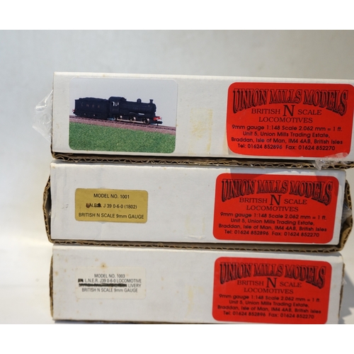 268 - Three boxed Union Mills Models N gauge railway LNER locomotives; a Class J26, 5734, a Class J39, 309... 