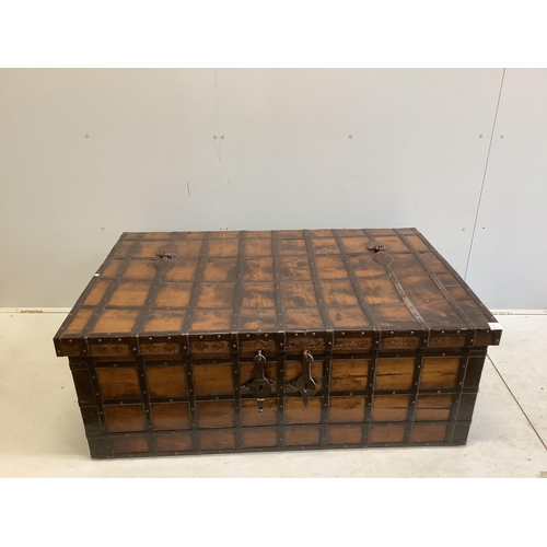 27 - A Spanish wrought iron bound chestnut chest, width 134cm, depth 86cm, height 52cm. Condition - fair ... 