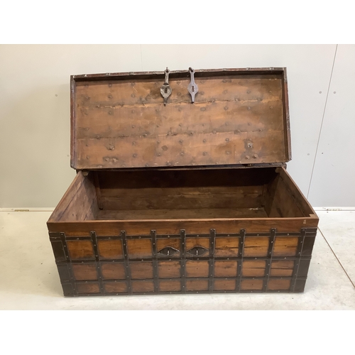 27 - A Spanish wrought iron bound chestnut chest, width 134cm, depth 86cm, height 52cm. Condition - fair ... 