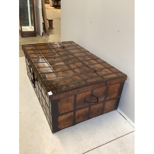 27 - A Spanish wrought iron bound chestnut chest, width 134cm, depth 86cm, height 52cm. Condition - fair ... 