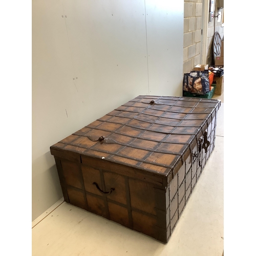 27 - A Spanish wrought iron bound chestnut chest, width 134cm, depth 86cm, height 52cm. Condition - fair ... 