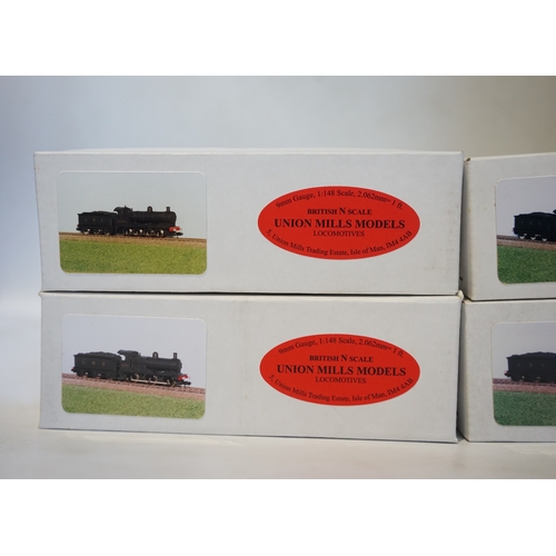 270 - Four boxed Union Mills N gauge railway LMS tender locomotives; a Class G2, 9032, two Class 3F, 3777 ... 