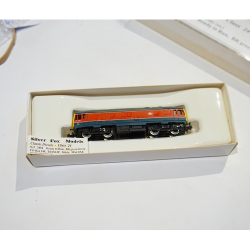 274 - Four boxed Silver Fox Models N gauge BR Bo-Bo diesel locomotives - two Class 24 locos; one in dark g... 