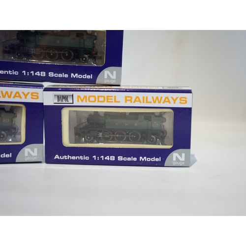 275 - Three boxed Dapol N gauge railway GWR 45xx 2-6-2T locomotives; 4523 (ND-014), 4527 (ND-023), and 456... 