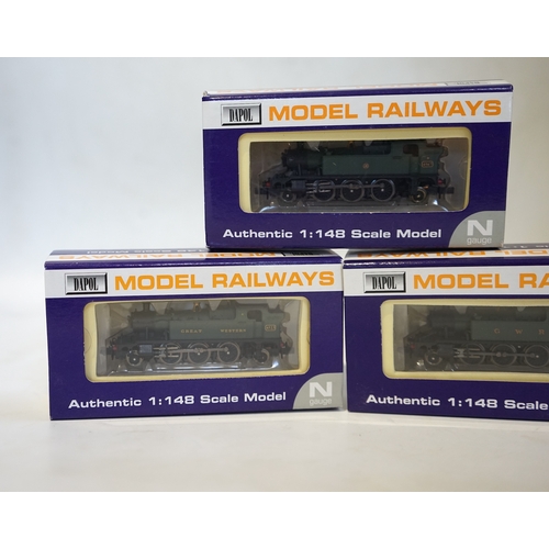 275 - Three boxed Dapol N gauge railway GWR 45xx 2-6-2T locomotives; 4523 (ND-014), 4527 (ND-023), and 456... 