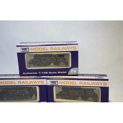 276 - Three boxed Dapol N gauge railway BR tank locomotives; an Ivatt 2-6-2T, 41258 (ND-061B), a Class M7,... 