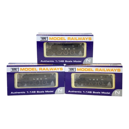 277 - Three boxed Dapol N gauge railway LMS Ivatt 2-6-2T locomotives; 1205 (ND-062B), 1200 (ND-062A), and ... 