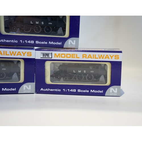 277 - Three boxed Dapol N gauge railway LMS Ivatt 2-6-2T locomotives; 1205 (ND-062B), 1200 (ND-062A), and ... 