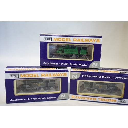 278 - Three boxed Dapol N gauge railway Southern Railway locomotives; a Class M7, 37 (ND-26), a Class M7, ... 