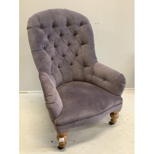 28 - A Victorian upholstered spoonback armchair, width 68cm, depth 60cm, height 102cm. Condition - fair... 