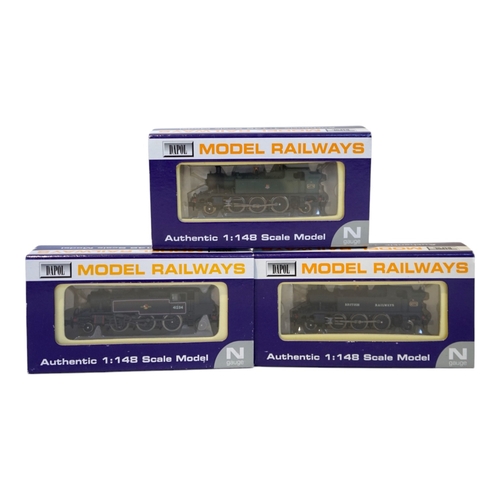 280 - Three boxed Dapol N gauge railway BR tank locomotives; an Ivatt 2-6-2T, 41234 (ND-061A), a Class 45x... 