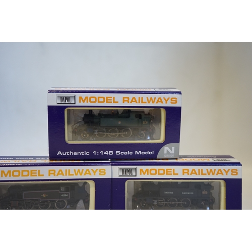 280 - Three boxed Dapol N gauge railway BR tank locomotives; an Ivatt 2-6-2T, 41234 (ND-061A), a Class 45x... 