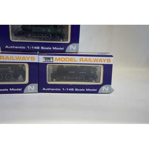 280 - Three boxed Dapol N gauge railway BR tank locomotives; an Ivatt 2-6-2T, 41234 (ND-061A), a Class 45x... 