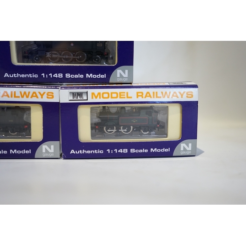 281 - Three boxed Dapol N gauge railway BR tank locomotives; a Class 14xx, 1458 (ND002), a Class 14xx, 146... 