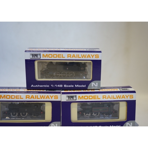 281 - Three boxed Dapol N gauge railway BR tank locomotives; a Class 14xx, 1458 (ND002), a Class 14xx, 146... 