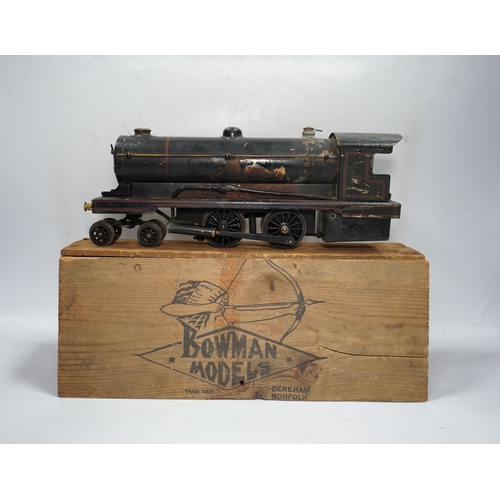 294 - A wooden boxed Bowman Models live steam spirit fired 0 gauge 4-4-0 tender locomotive (without tender... 