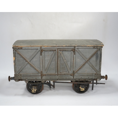 295 - A 1950s/60s 3.5 inch gauge model railway box van, scratch built of plywood construction, with openin... 