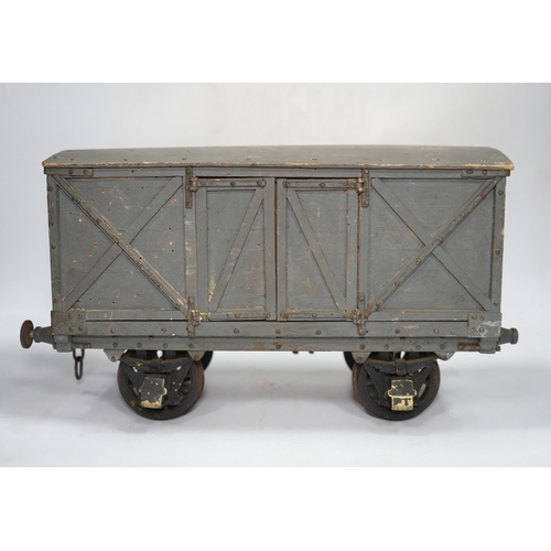 295 - A 1950s/60s 3.5 inch gauge model railway box van, scratch built of plywood construction, with openin... 