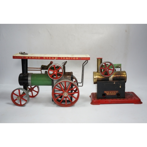 296 - A Mamod live steam traction engine and a single cylinder stationary engine. Condition - poor to fair... 