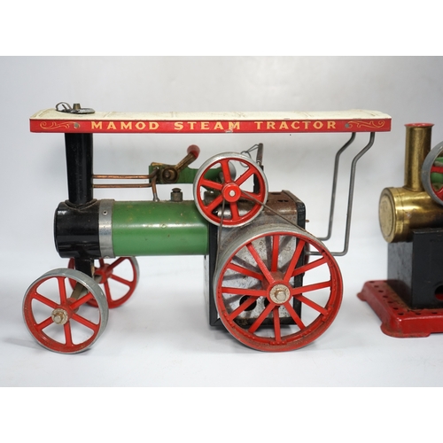 296 - A Mamod live steam traction engine and a single cylinder stationary engine. Condition - poor to fair... 