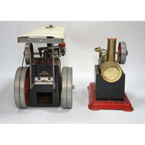 296 - A Mamod live steam traction engine and a single cylinder stationary engine. Condition - poor to fair... 