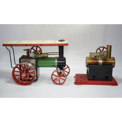 296 - A Mamod live steam traction engine and a single cylinder stationary engine. Condition - poor to fair... 