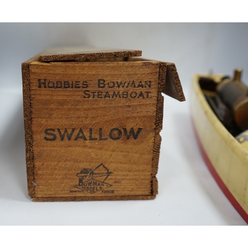 297 - A 1930s wooden boxed Bowman Models live steam speedboat; Swallow, of wood and tinplate constructio... 