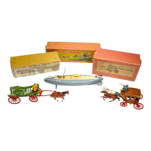 299 - Three boxed 1930s toys; a Johillco Miniature Stage Coach, a Charbens (Set; 503) The Farm Wagon, and ... 