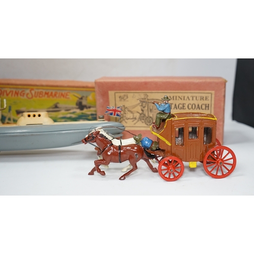 299 - Three boxed 1930s toys; a Johillco Miniature Stage Coach, a Charbens (Set; 503) The Farm Wagon, and ... 