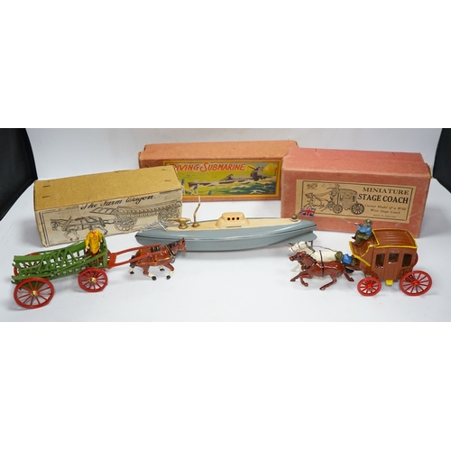 299 - Three boxed 1930s toys; a Johillco Miniature Stage Coach, a Charbens (Set; 503) The Farm Wagon, and ... 