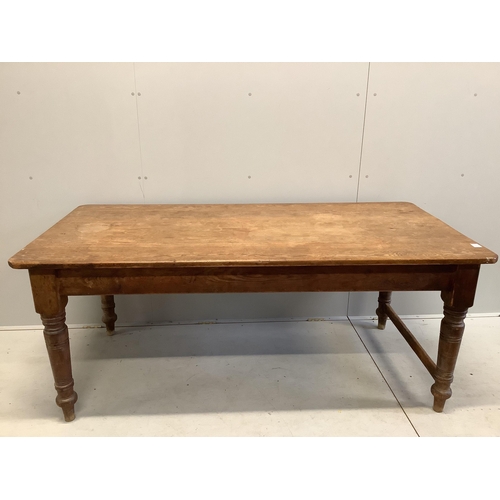 30 - A Victorian rectangular pitch pine kitchen table, width 183cm, depth 90cm, height 75cm. Condition - ... 