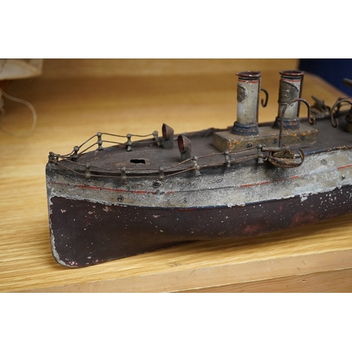 309 - An Ernst Plank for Gamages Ltd clockwork tinplate gun-boat, 40cm in length. Condition - poor.