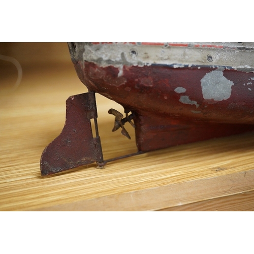 309 - An Ernst Plank for Gamages Ltd clockwork tinplate gun-boat, 40cm in length. Condition - poor.