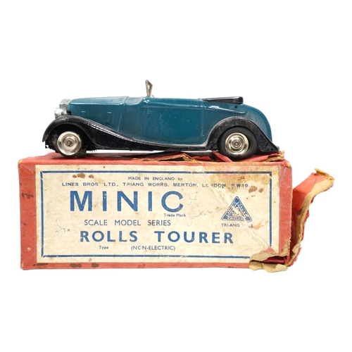 312 - A Tri-ang Minic clockwork tinplate Rolls Royce Tourer, with aqua blue body, and black running boards... 