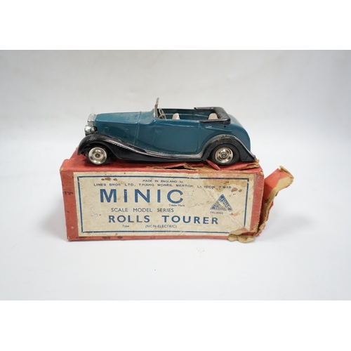 312 - A Tri-ang Minic clockwork tinplate Rolls Royce Tourer, with aqua blue body, and black running boards... 