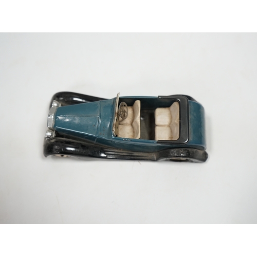 312 - A Tri-ang Minic clockwork tinplate Rolls Royce Tourer, with aqua blue body, and black running boards... 