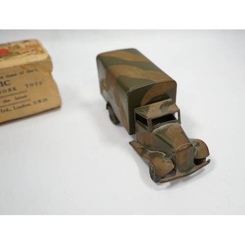 313 - A Tri-ang Minic clockwork tinplate army lorry, in camouflage paint work, together with the remains o... 