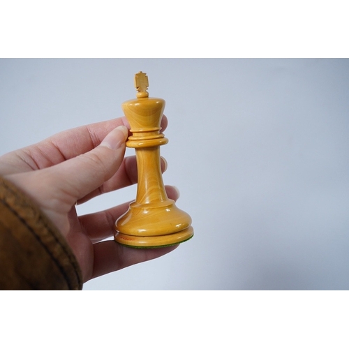 320 - An early 20th century boxed J. Jaques & Son Staunton chess set, ebony and boxwood pieces, contained ... 