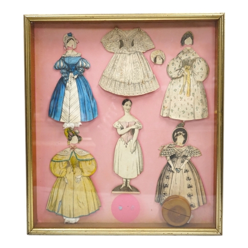 323 - An early 19th century framed Rudolph Ackermann La Poupee-Modele paper doll set, comprising of a doub... 