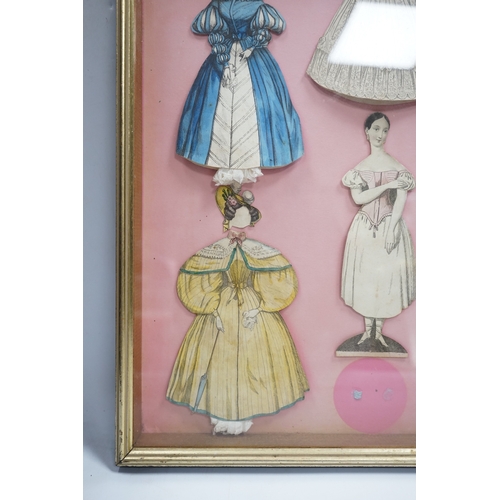 323 - An early 19th century framed Rudolph Ackermann La Poupee-Modele paper doll set, comprising of a doub... 